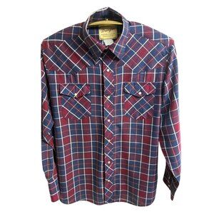 Wrangler‎ Western Burgundy Blue Plaid Cotton Blend Snap Long Sleeve Shirt